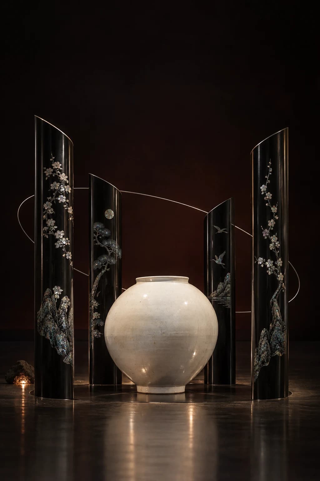 Four mother-of-pearl lacquer pillars surround a Korean moon jar